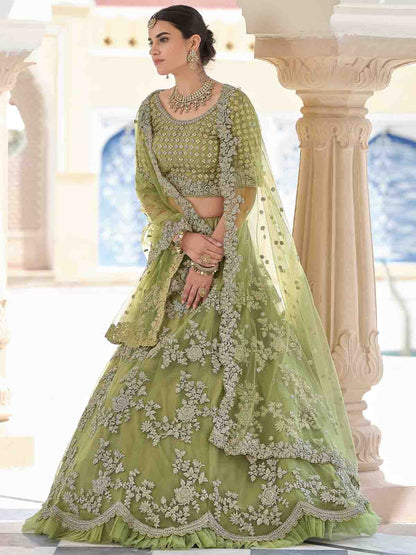 Odette Women Stylish Oilve Soft Net Semi Stitched Lehenga With Unstitched Blouse
