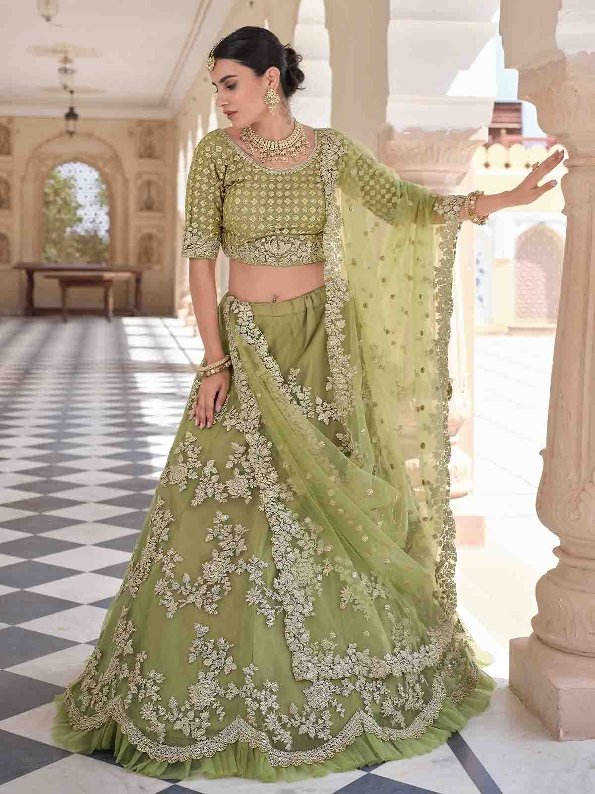 Odette Women Stylish Oilve Soft Net Semi Stitched Lehenga With Unstitched Blouse