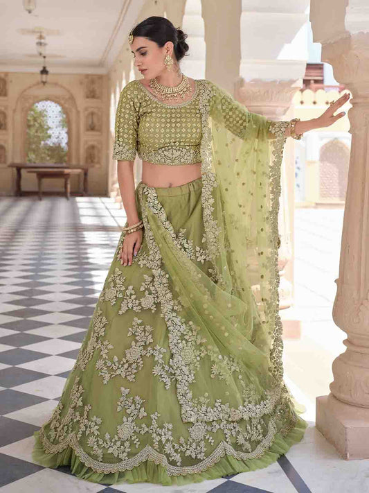 Odette Women Stylish Oilve Soft Net Semi Stitched Lehenga With Unstitched Blouse