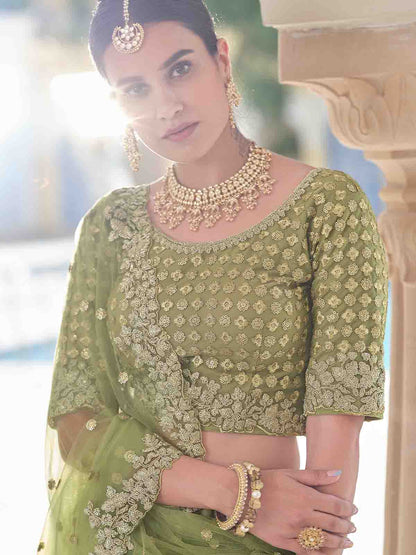 Odette Women Stylish Oilve Soft Net Semi Stitched Lehenga With Unstitched Blouse