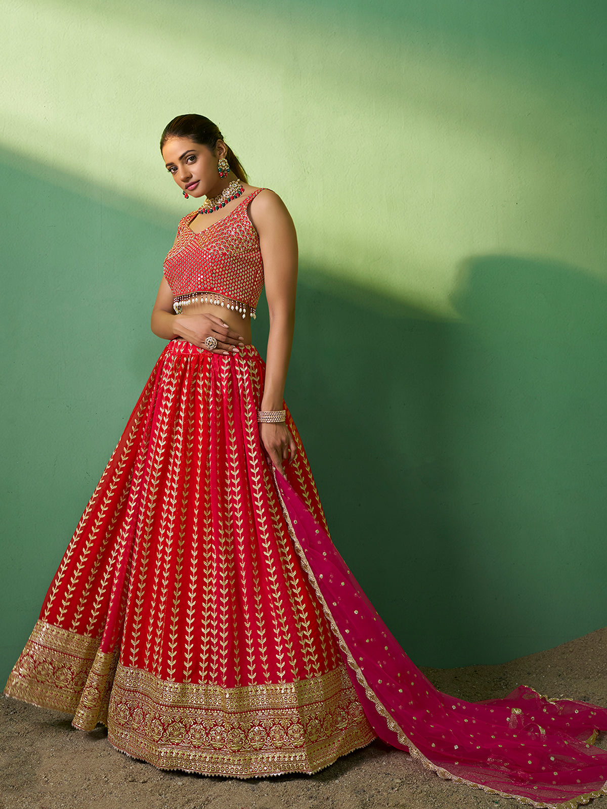 Odette Women Red Embroidered Semi Stitched Lehenga With Unstitched Blouse