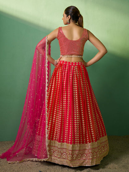 Odette Women Red Embroidered Semi Stitched Lehenga With Unstitched Blouse