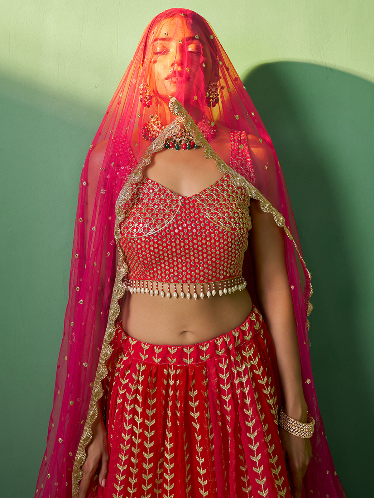 Odette Women Red Embroidered Semi Stitched Lehenga With Unstitched Blouse