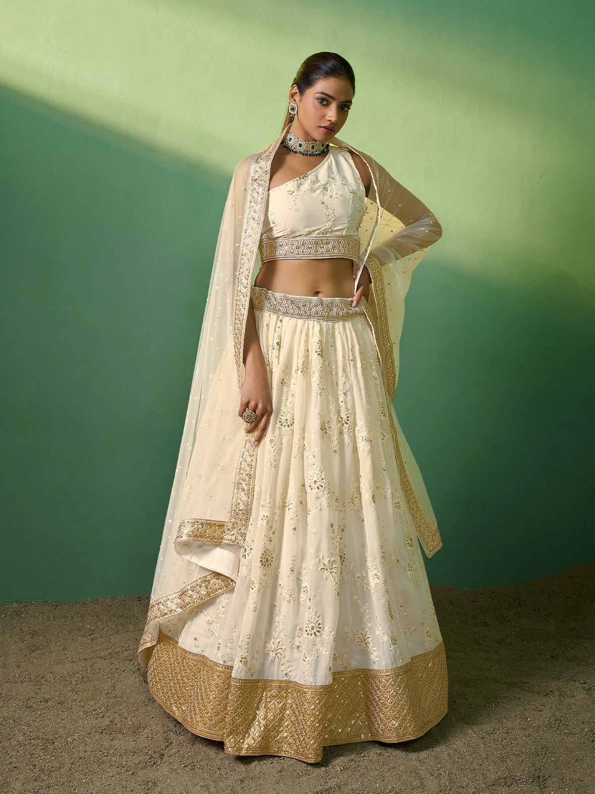 Odette Women Beige Embroidered Semi Stitched Lehenga With Unstitched Blouse