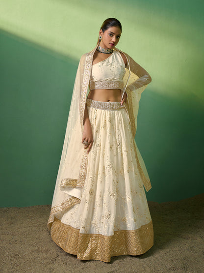 Odette Women Beige Embroidered Semi Stitched Lehenga With Unstitched Blouse