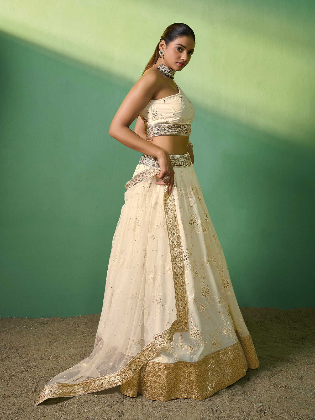 Odette Women Beige Embroidered Semi Stitched Lehenga With Unstitched Blouse