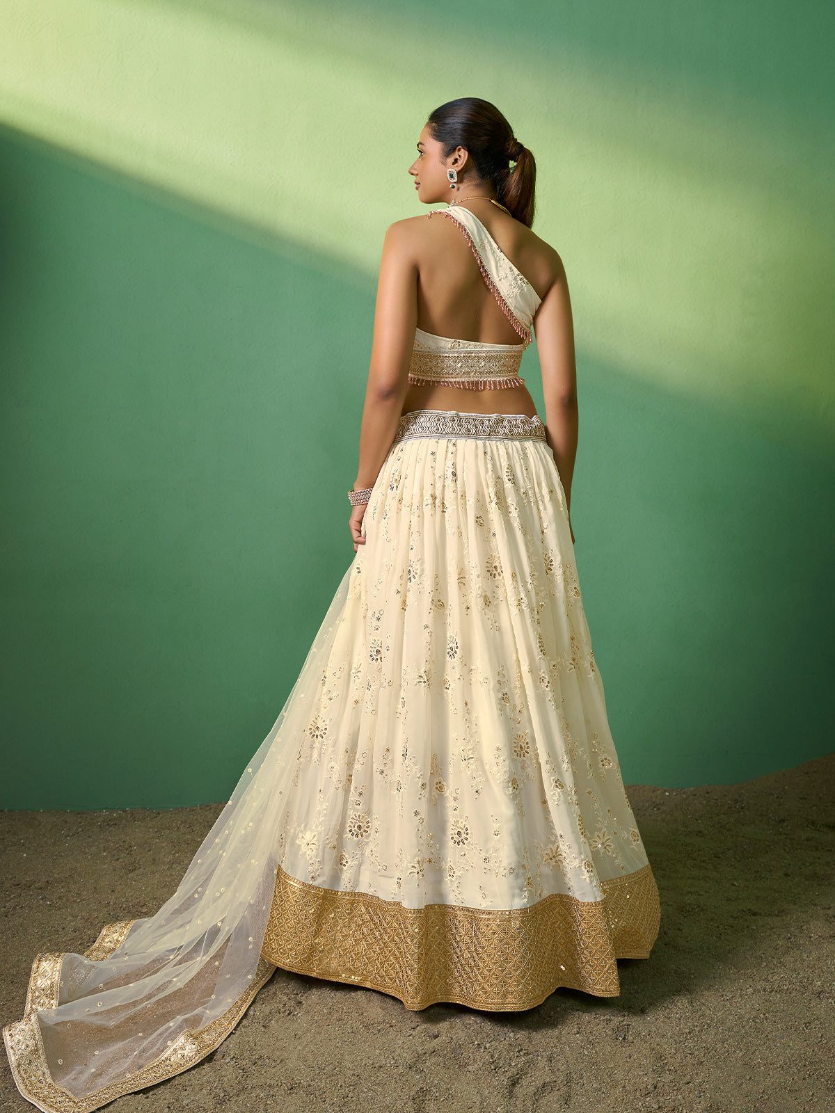 Odette Women Beige Embroidered Semi Stitched Lehenga With Unstitched Blouse