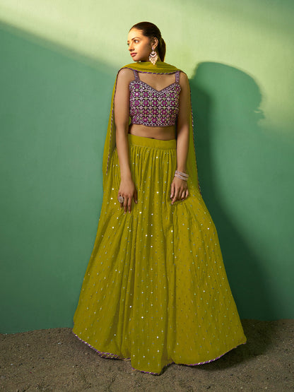 Odette Women Green Embroidered Semi Stitched Lehenga With Unstitched Blouse