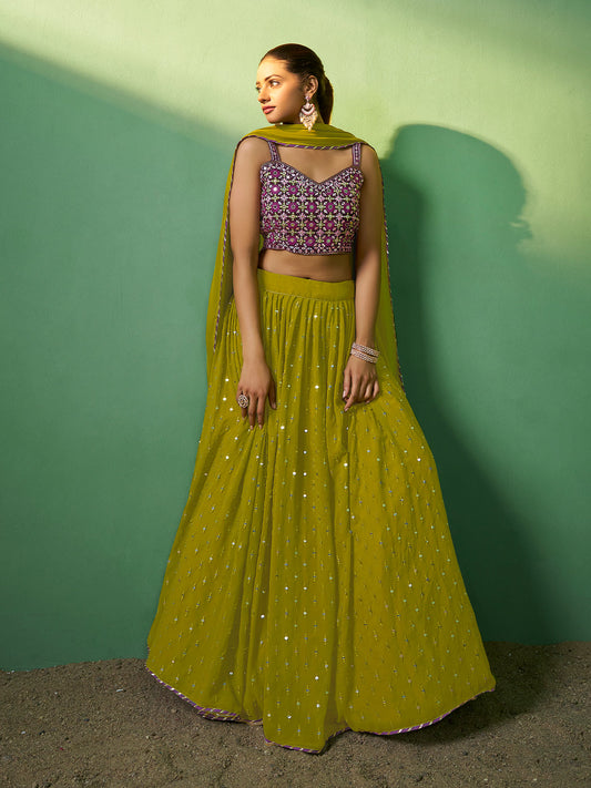 Odette Women Green Embroidered Semi Stitched Lehenga With Unstitched Blouse