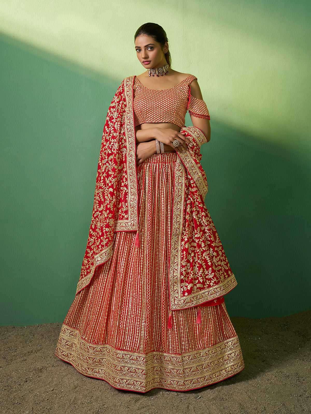 Odette Women Red Embroidered Semi Stitched Lehenga With Unstitched Blouse
