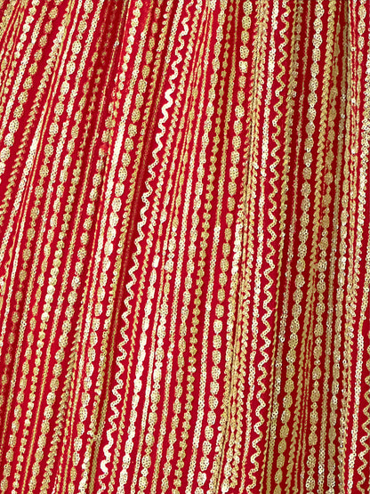 Odette Women Red Embroidered Semi Stitched Lehenga With Unstitched Blouse