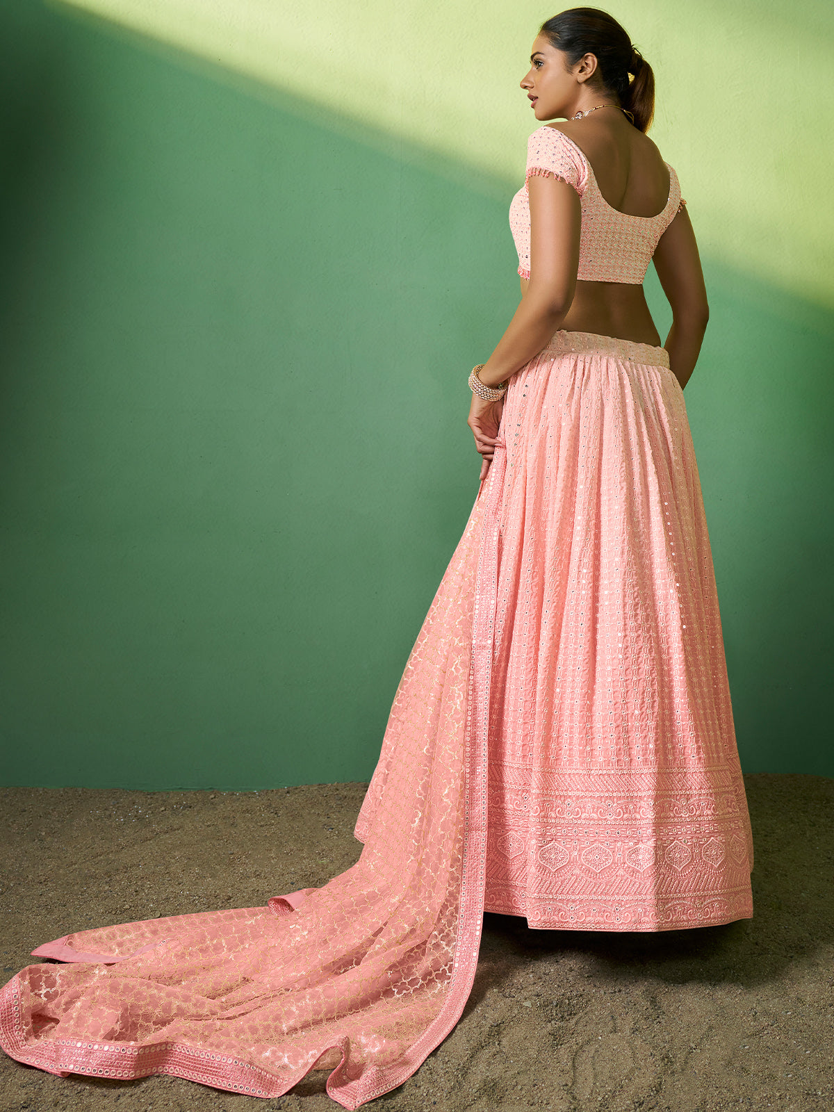 Odette Women Peach Embroidered Semi Stitched Lehenga With Unstitched Blouse