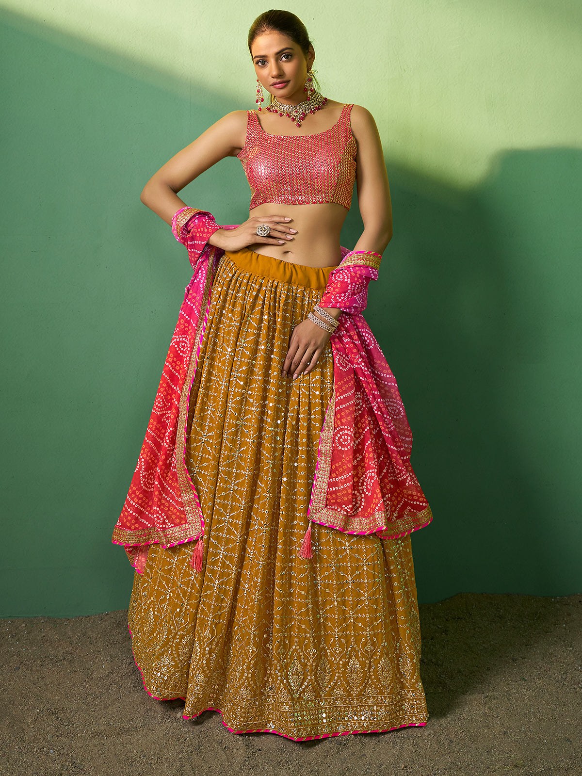Odette Women  Mustard Embroidered Semi Stitched Lehenga With Unstitched Blouse