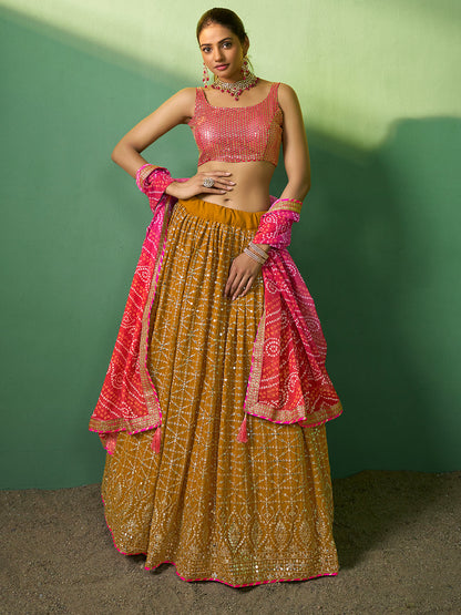 Odette Women  Mustard Embroidered Semi Stitched Lehenga With Unstitched Blouse