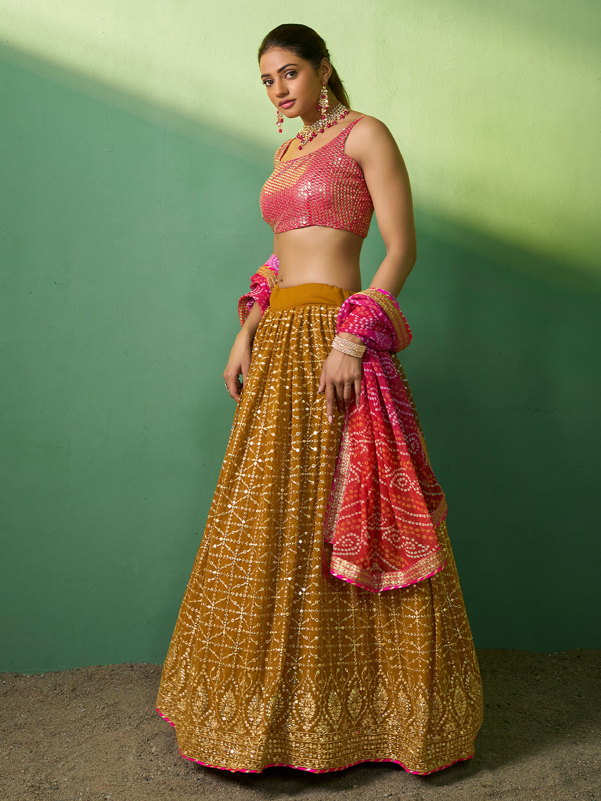 Odette Women  Mustard Embroidered Semi Stitched Lehenga With Unstitched Blouse