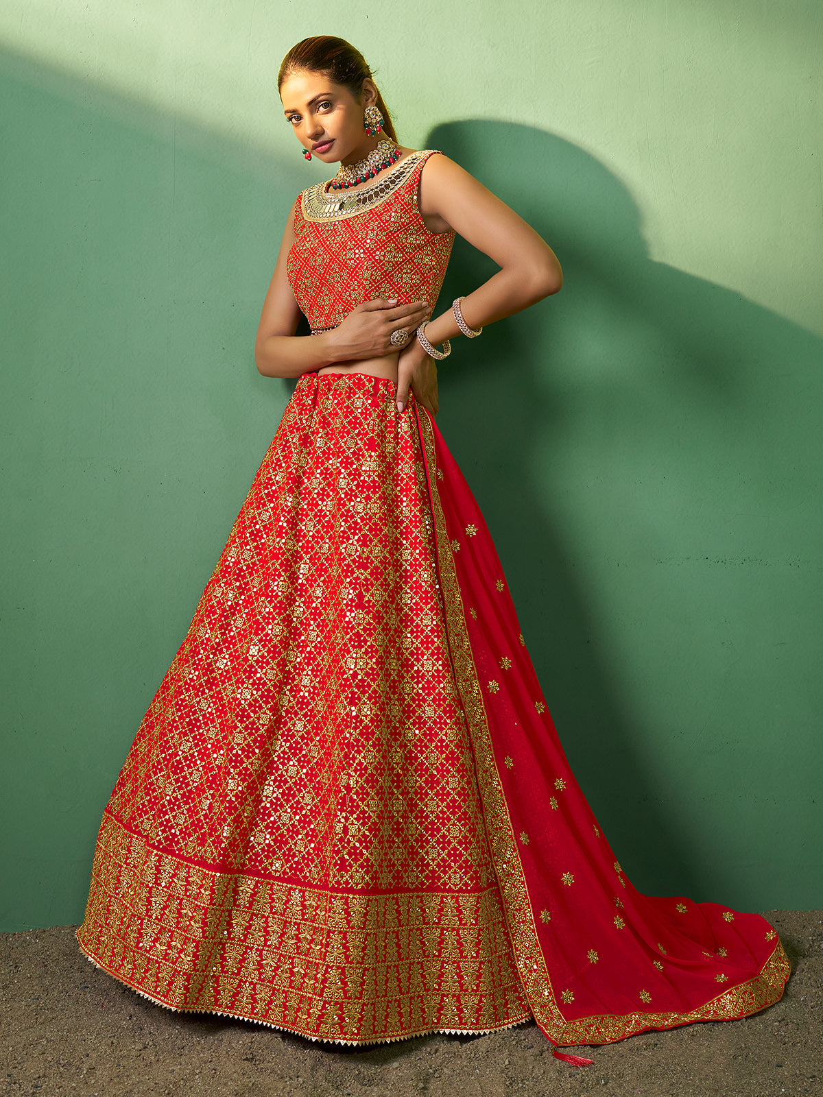 Odette Women Embroidered Semi Stitched Lehenga With Unstitched Blouse