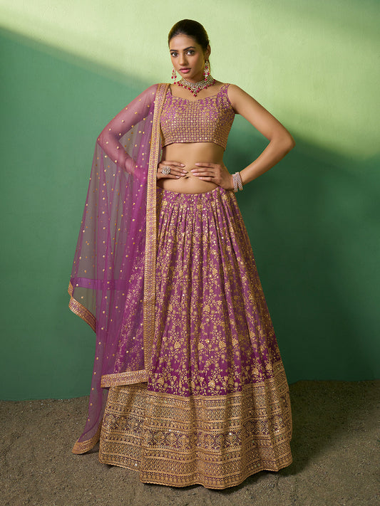 Odette Women Lavender Embroidered Gerorgette Semi Stitched Lehenga With Unstitched Blouse