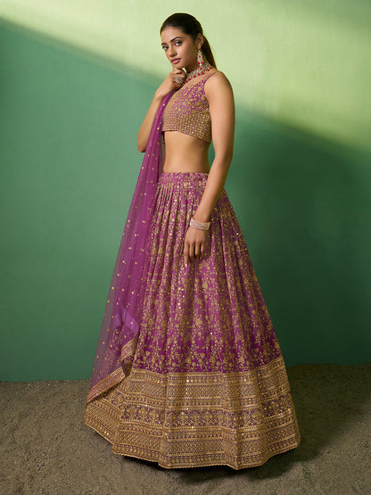 Odette Women Lavender Embroidered Gerorgette Semi Stitched Lehenga With Unstitched Blouse