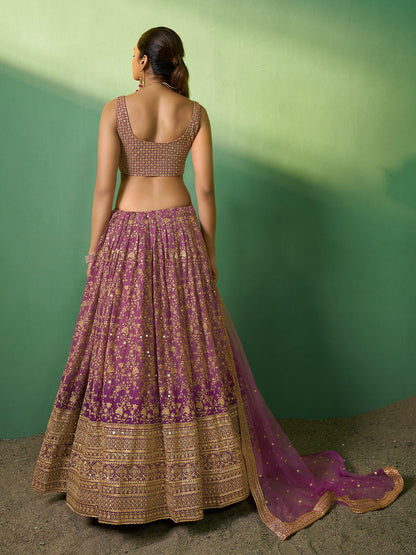 Odette Women Lavender Embroidered Gerorgette Semi Stitched Lehenga With Unstitched Blouse