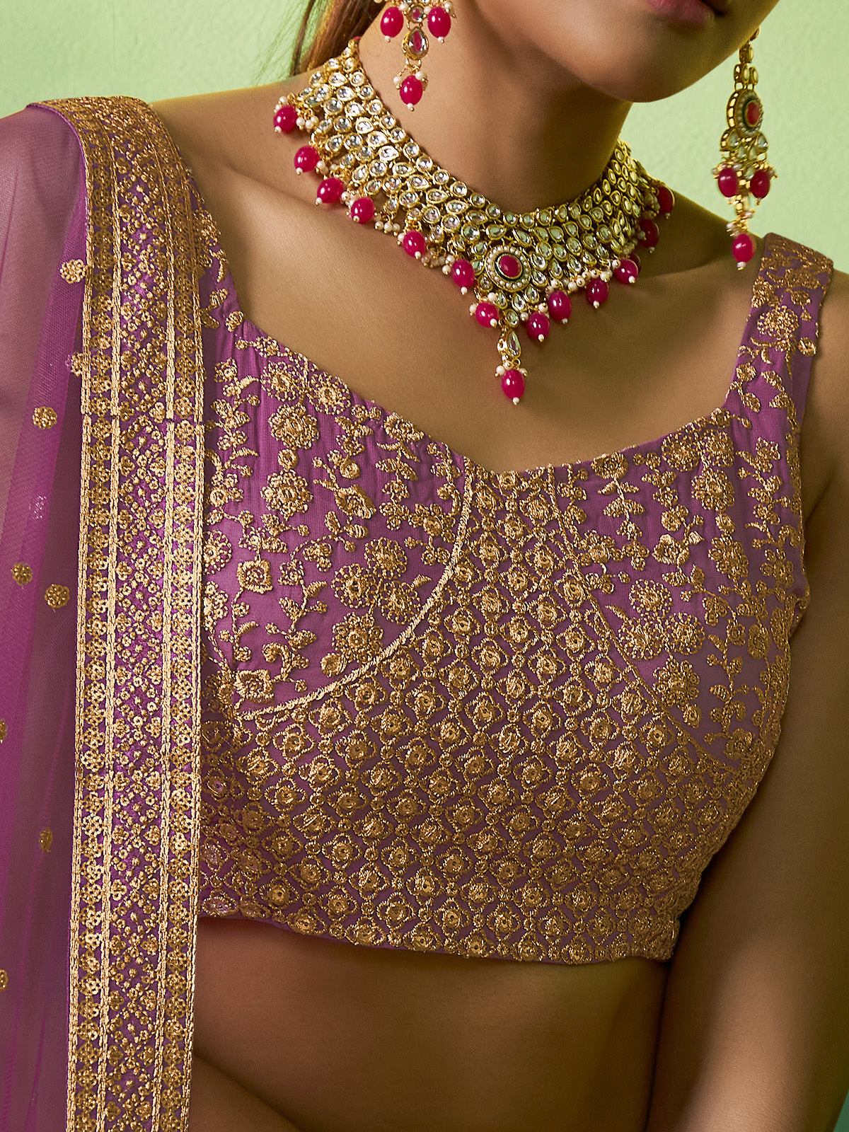 Odette Women Lavender Embroidered Gerorgette Semi Stitched Lehenga With Unstitched Blouse