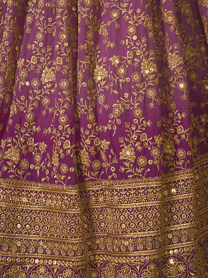 Odette Women Lavender Embroidered Gerorgette Semi Stitched Lehenga With Unstitched Blouse