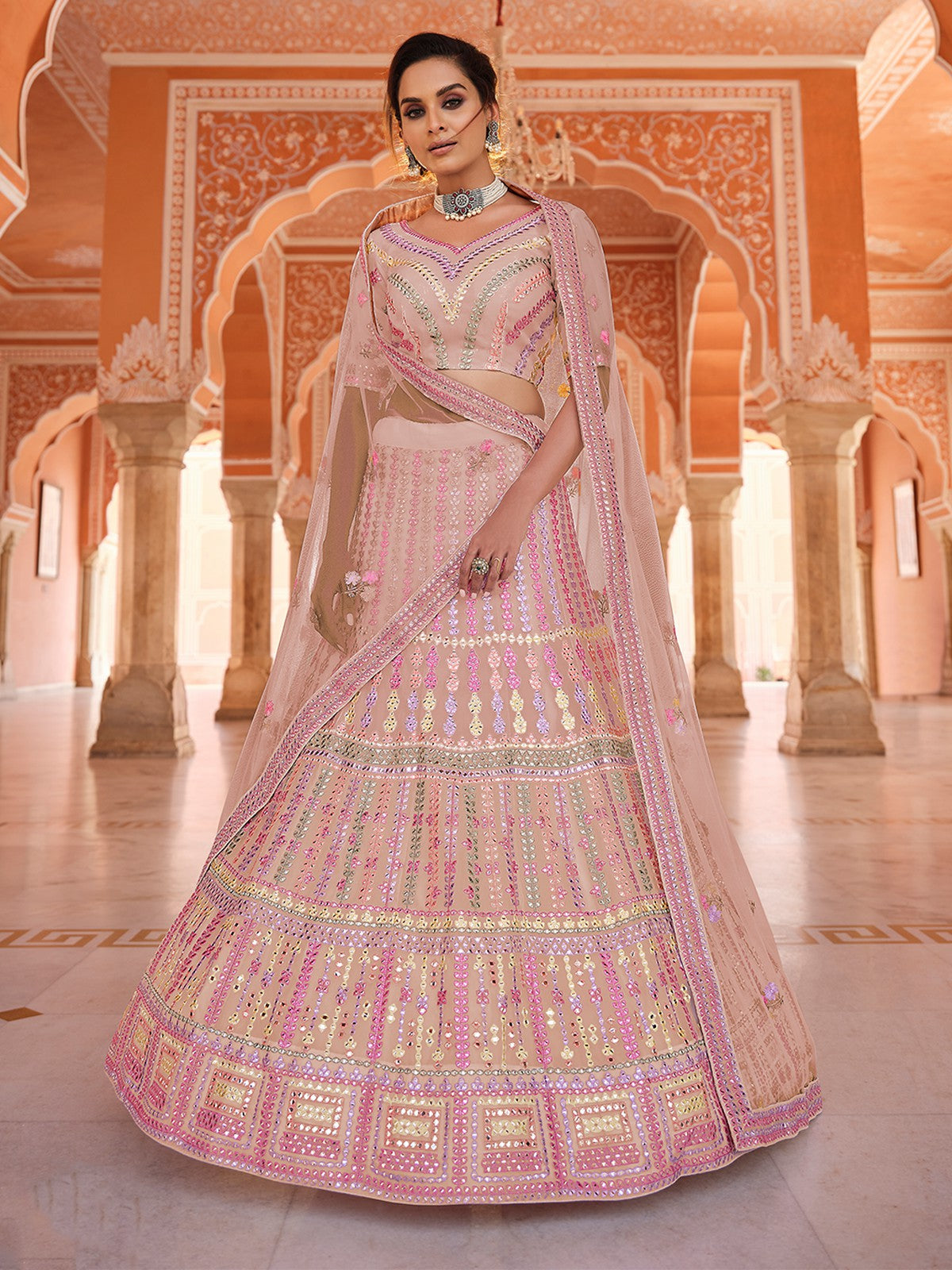 Odette Women Pink Thread, Gota Semi Stitched Lehenga With Unstitched Blouse