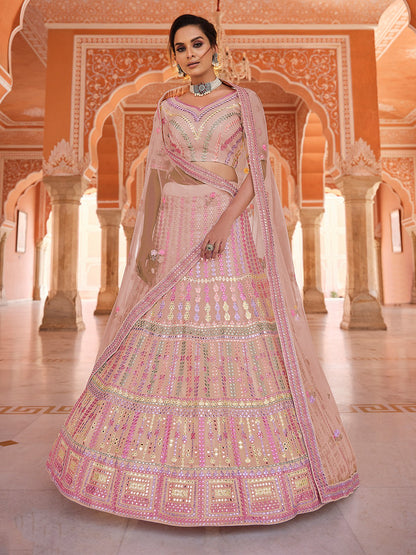 Odette Women Pink Thread, Gota Semi Stitched Lehenga With Unstitched Blouse