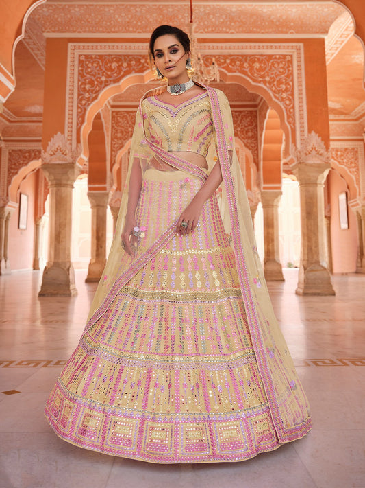 Odette Women Yellow Embroidered Organza Semi Stitched Lehenga With Unstitched Blouse