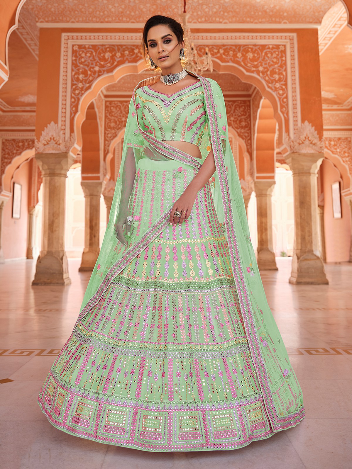 Odette Women Green Embroidered Organza Semi Stitched Lehenga With Unstitched Blouse