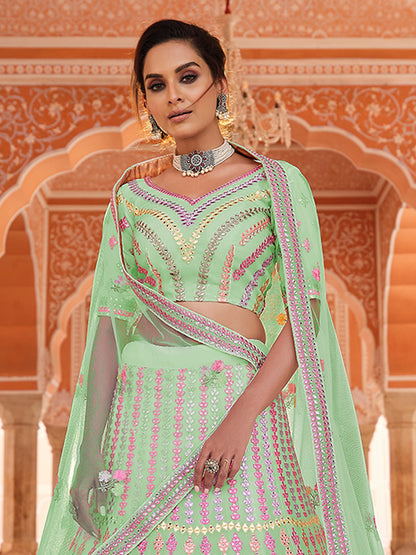 Odette Women Green Embroidered Organza Semi Stitched Lehenga With Unstitched Blouse