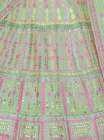 Odette Women Green Embroidered Organza Semi Stitched Lehenga With Unstitched Blouse