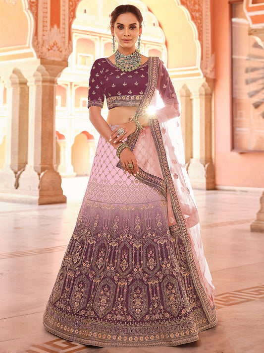 Odette Women Purple Embroidered Velvet Semi Stitched Lehenga With Unstitched Blouse