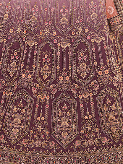 Odette Women Purple Embroidered Velvet Semi Stitched Lehenga With Unstitched Blouse