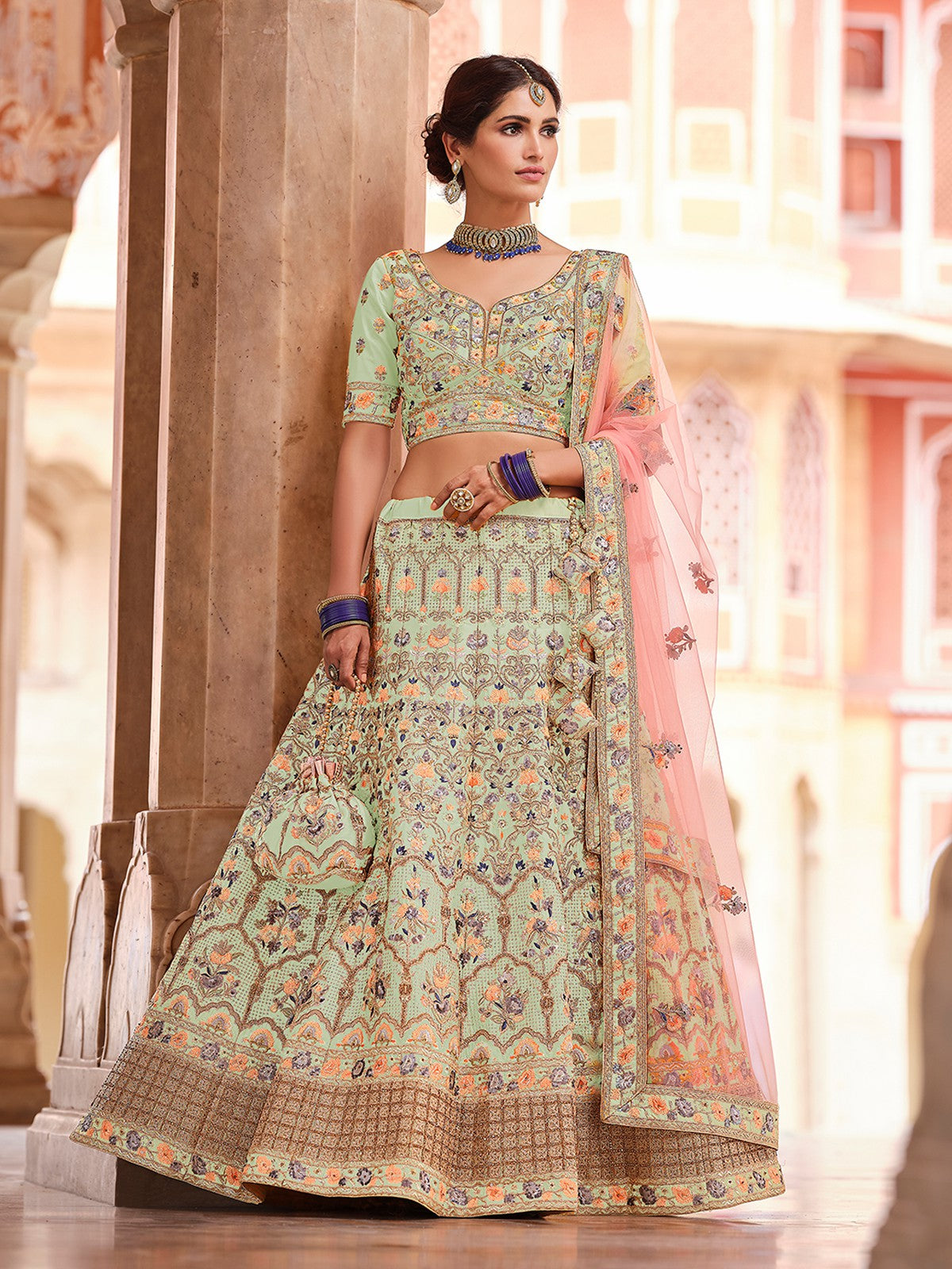 Odette Women Green Embroidered Crepe Semi Stitched Lehenga With Unstitched Blouse