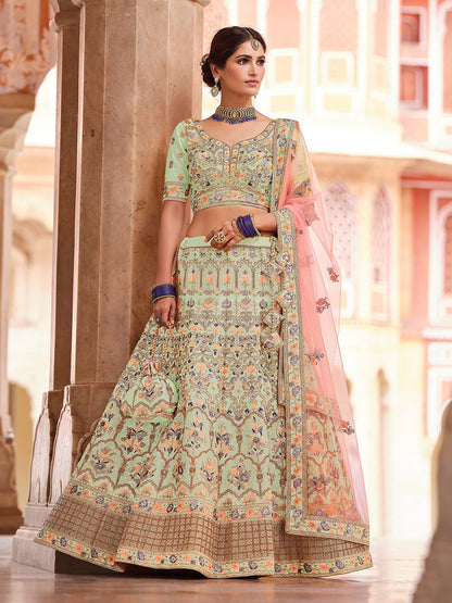 Odette Women Green Embroidered Crepe Semi Stitched Lehenga With Unstitched Blouse