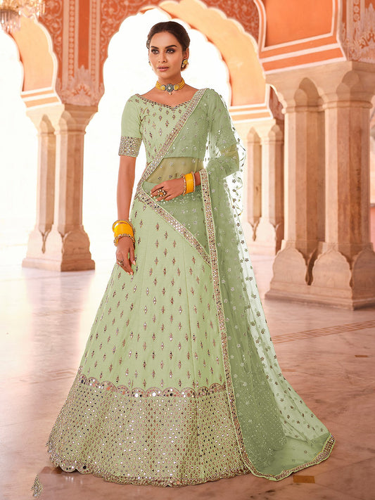 Odette Women Green Embroidered Art Silk Semi Stitched Lehenga With Unstitched Blouse