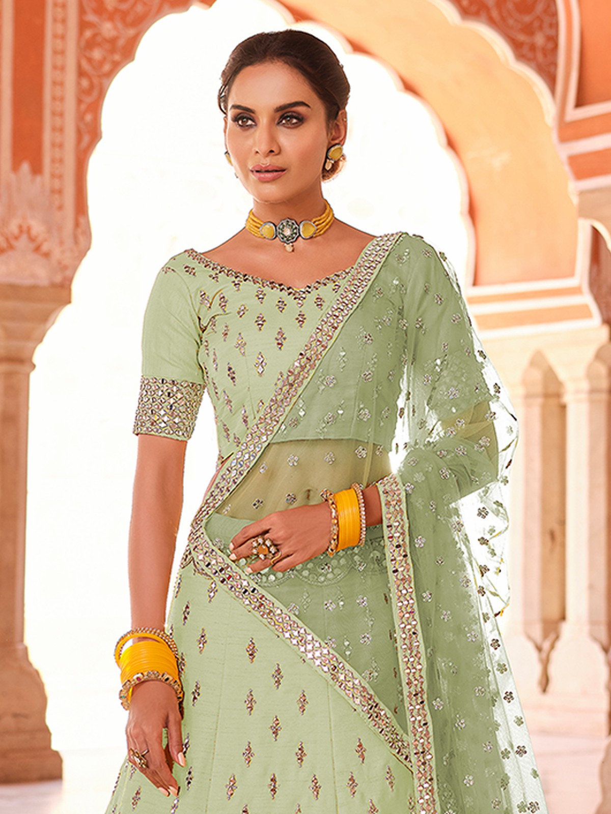 Odette Women Green Embroidered Art Silk Semi Stitched Lehenga With Unstitched Blouse