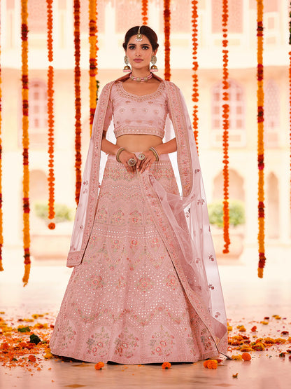 Odette Women Pink Embroidered Organza Semi Stitched Lehenga With Unstitched Blouse