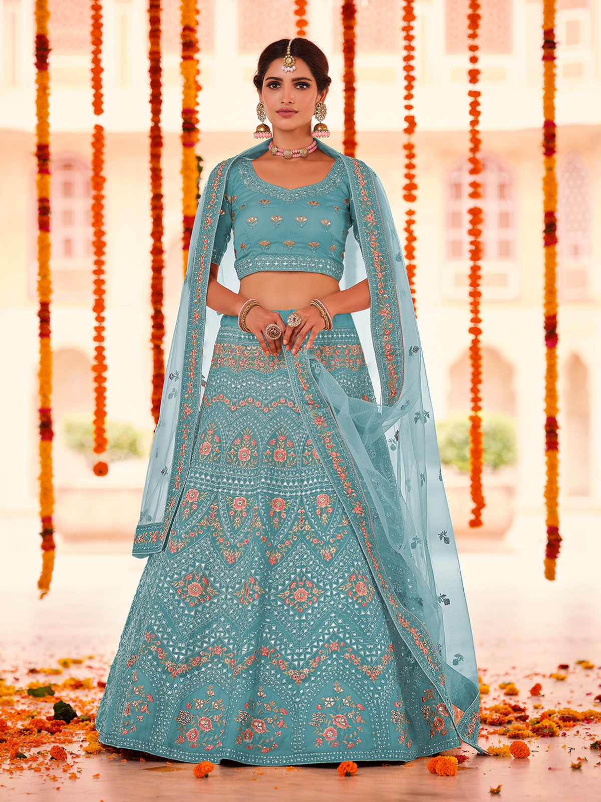 Odette Women Light Blue Embroidered Organza Semi Stitched Lehenga With Unstitched Blouse