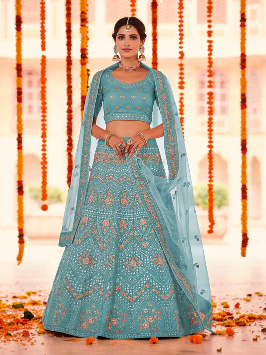 Odette Women Light Blue Embroidered Organza Semi Stitched Lehenga With Unstitched Blouse