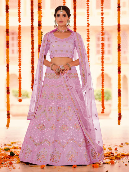 Odette Women Purple Embroidered Organza Semi Stitched Lehenga With Unstitched Blouse