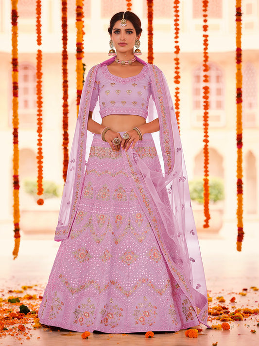 Odette Women Purple Embroidered Organza Semi Stitched Lehenga With Unstitched Blouse