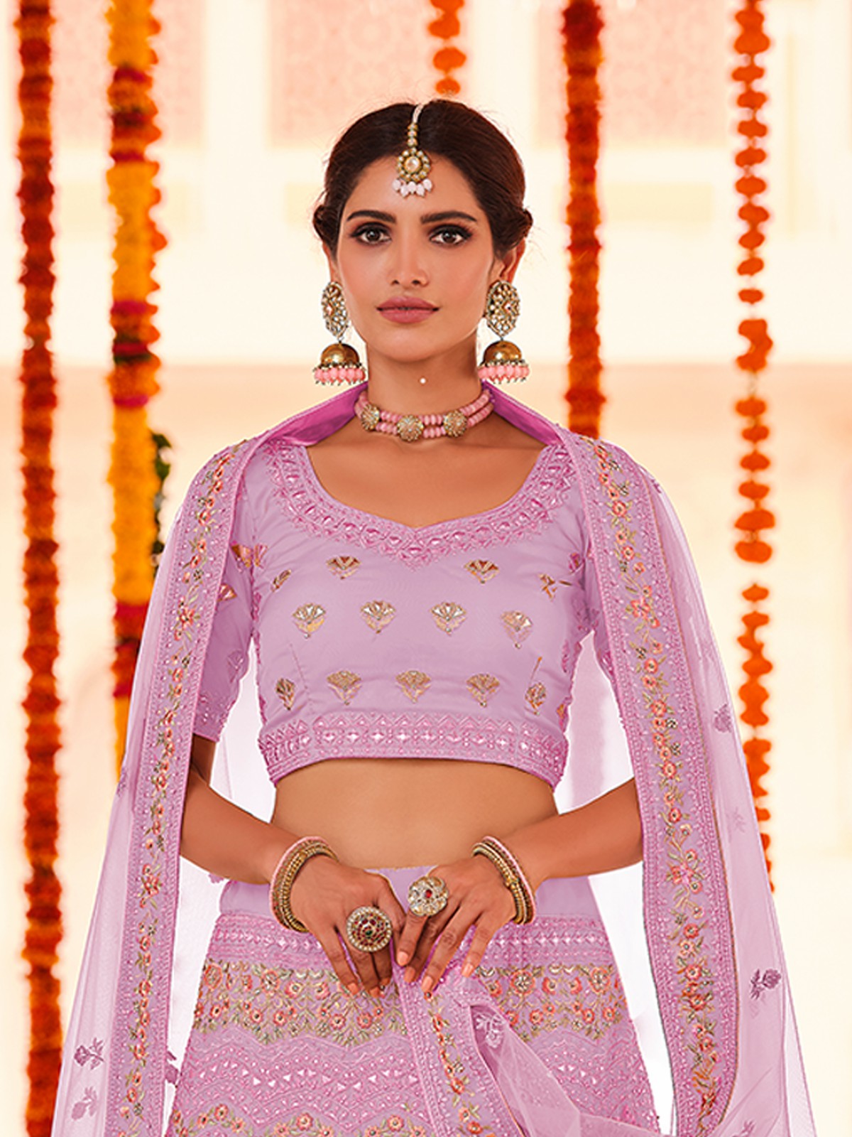 Odette Women Purple Embroidered Organza Semi Stitched Lehenga With Unstitched Blouse