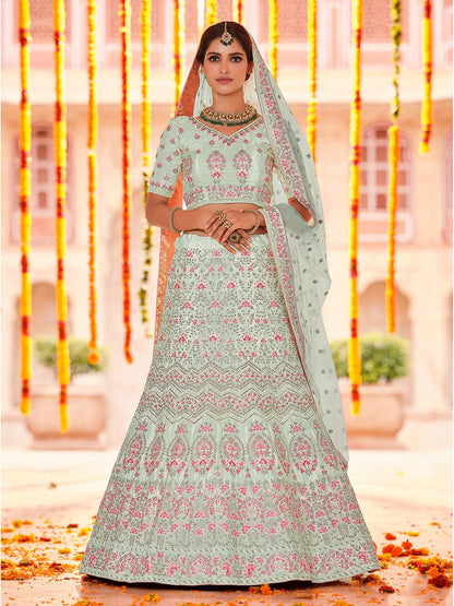 Odette Women Green Crepe Semi Stitched Lehenga With Unstitched Blouse