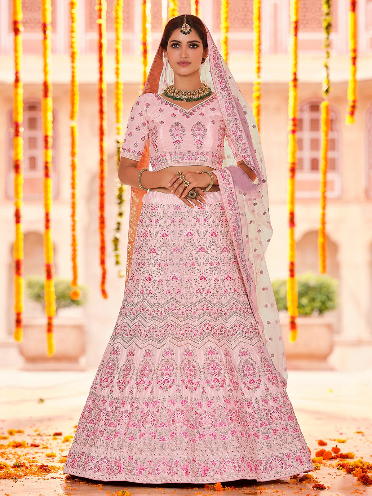 Odette Women Pink Crepe Semi Stitched Lehenga With Unstitched Blouse