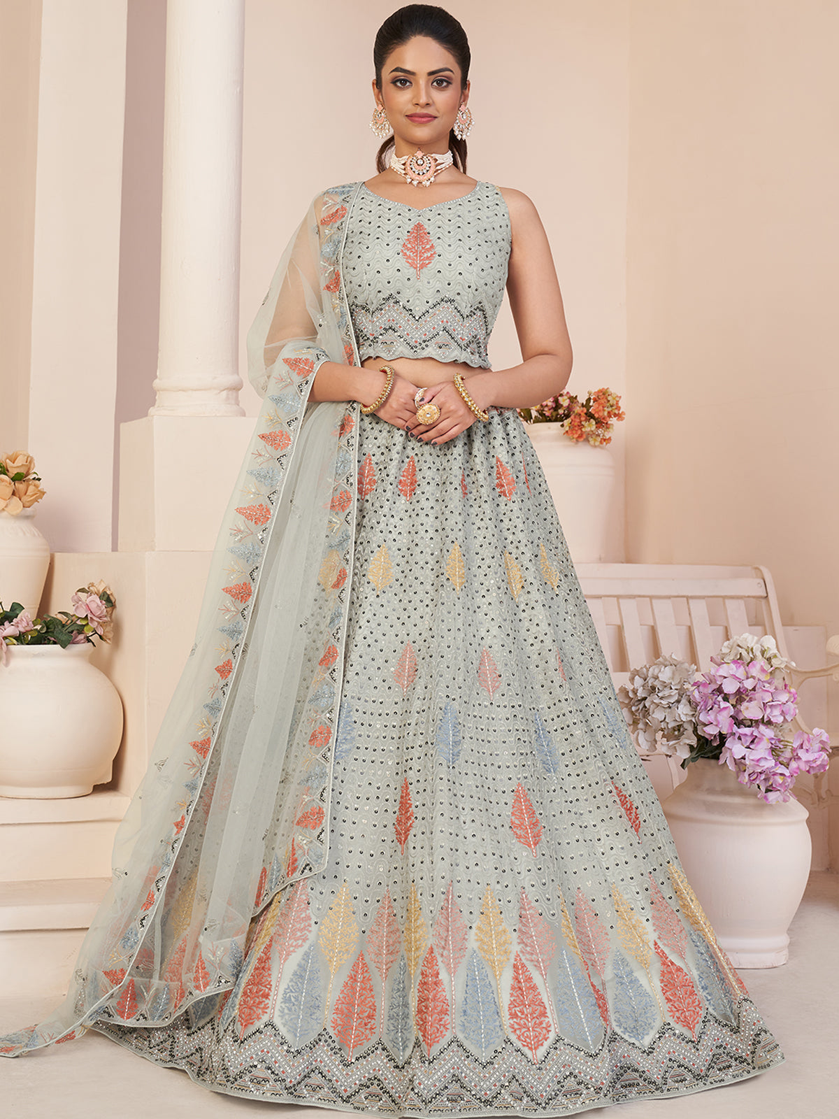 Odette Women Grey Net Embroidered Semi Stitched Lehenga With Unstitched Blouse
