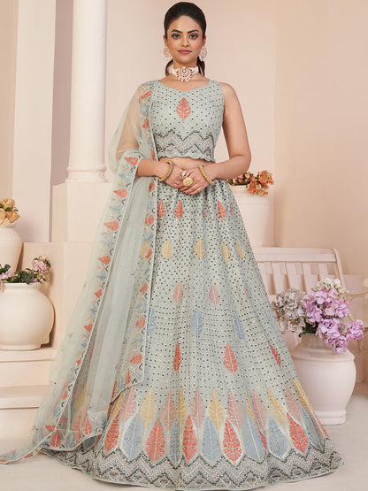 Odette Women Grey Net Embroidered Semi Stitched Lehenga With Unstitched Blouse