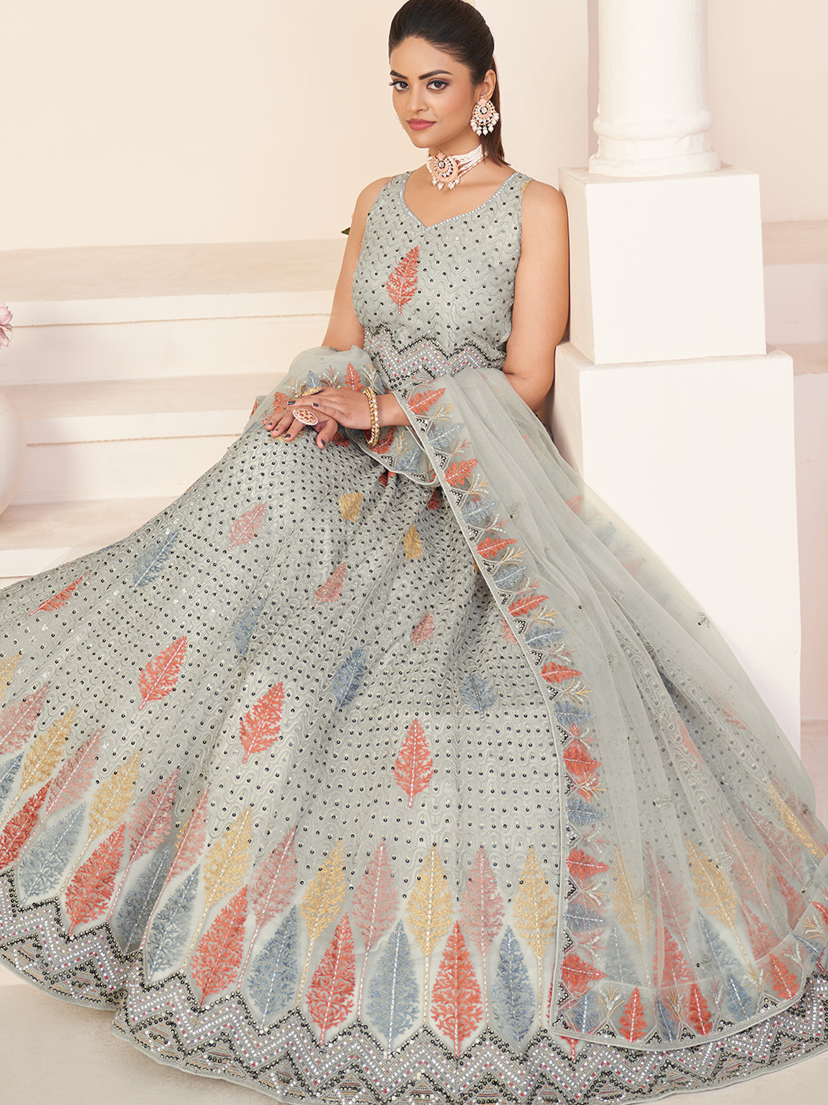Odette Women Grey Net Embroidered Semi Stitched Lehenga With Unstitched Blouse