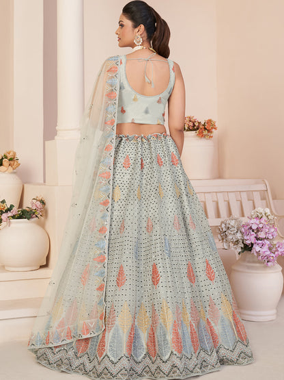 Odette Women Grey Net Embroidered Semi Stitched Lehenga With Unstitched Blouse