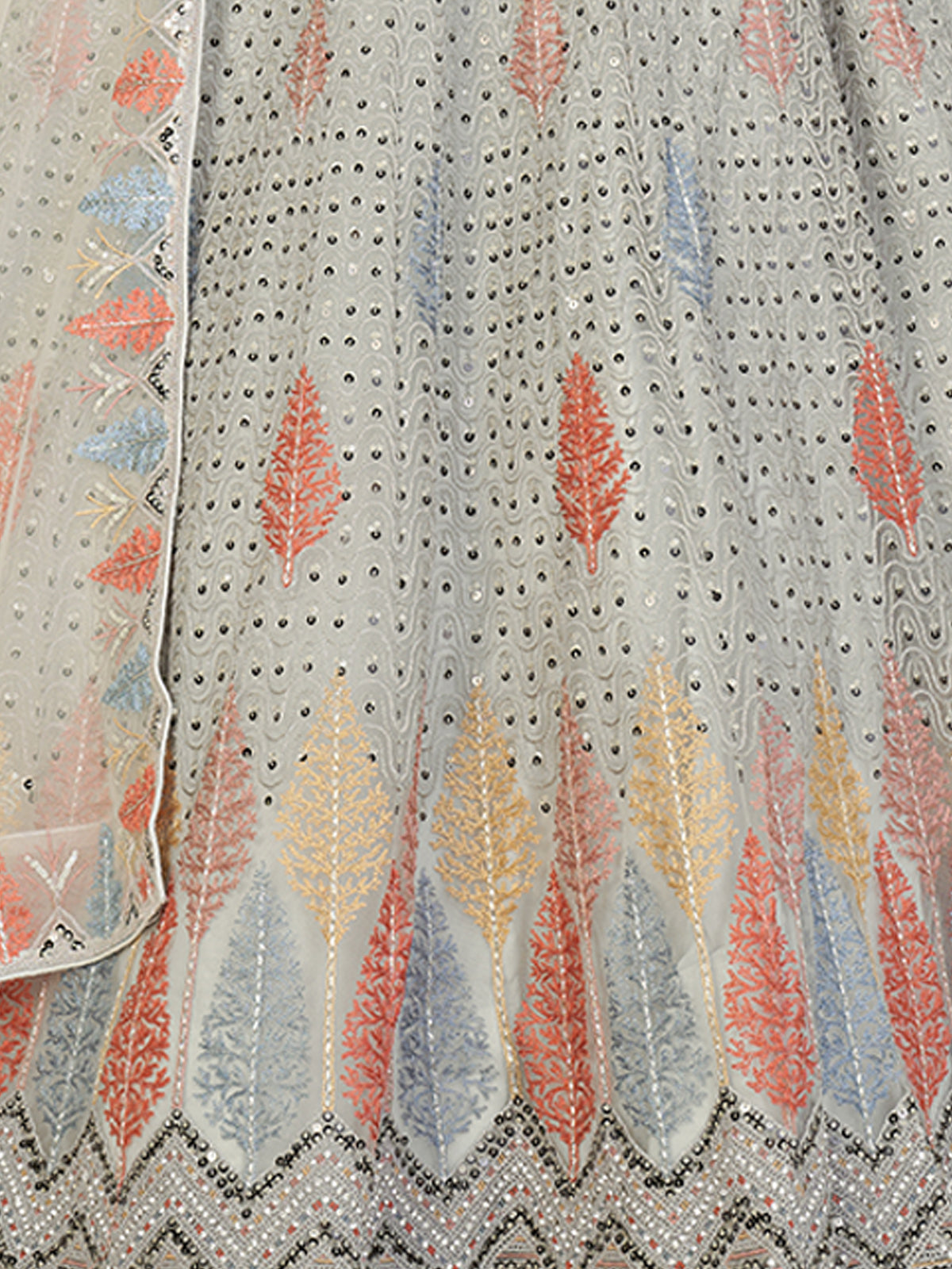 Odette Women Grey Net Embroidered Semi Stitched Lehenga With Unstitched Blouse